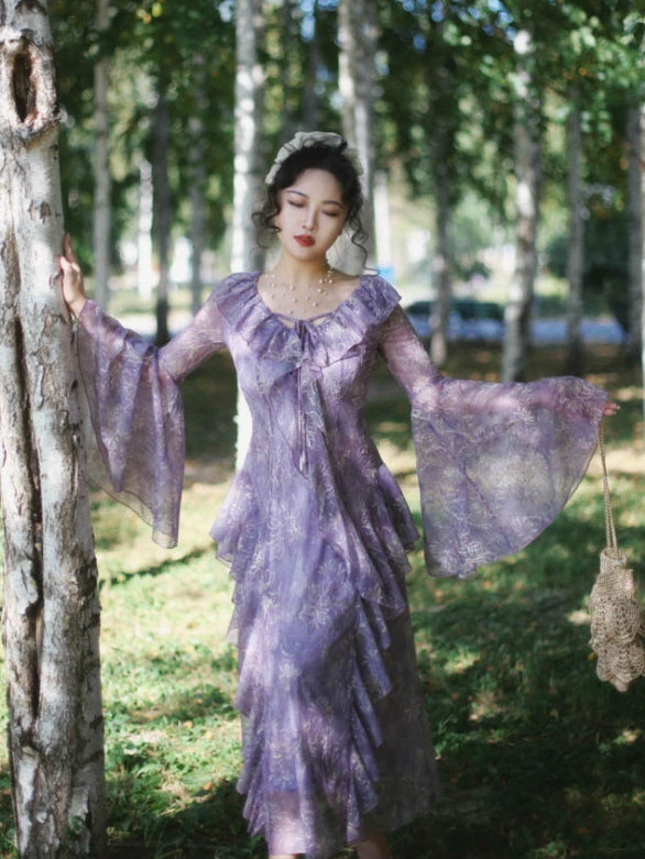 Twilight Garden Sheer Floral Ruffle Dress