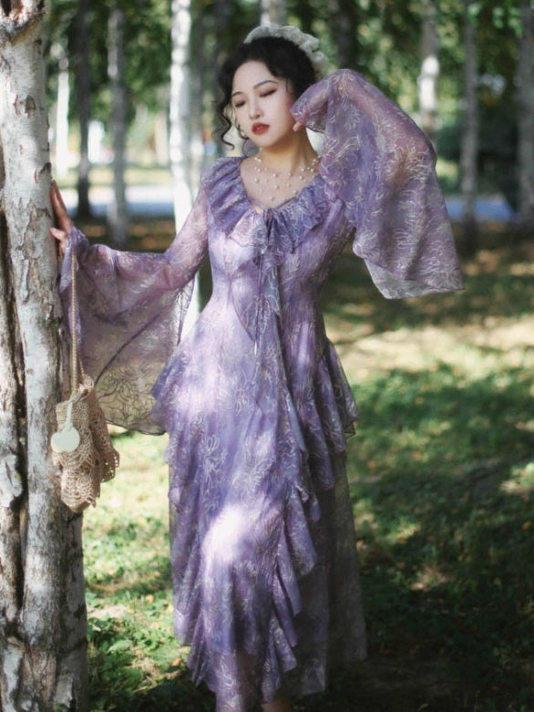 Twilight Garden Sheer Floral Ruffle Dress