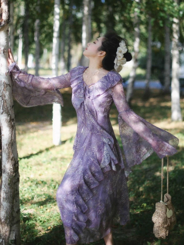 Twilight Garden Sheer Floral Ruffle Dress