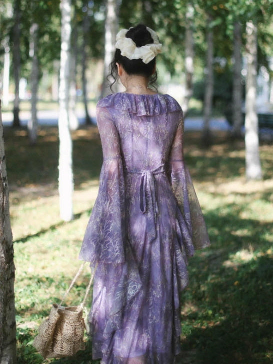 Twilight Garden Sheer Floral Ruffle Dress