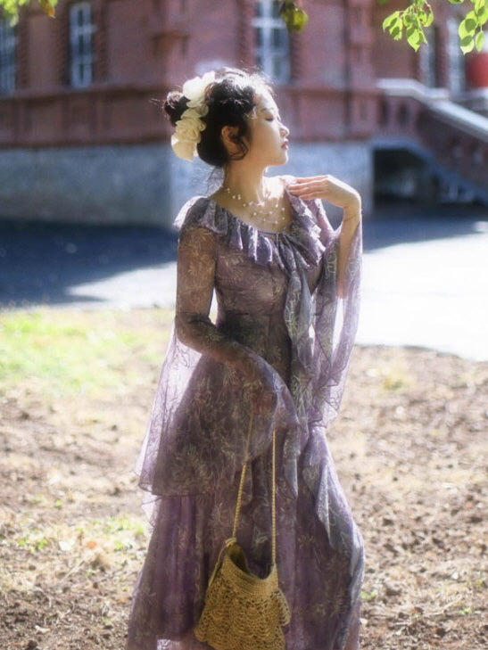 Twilight Garden Sheer Floral Ruffle Dress