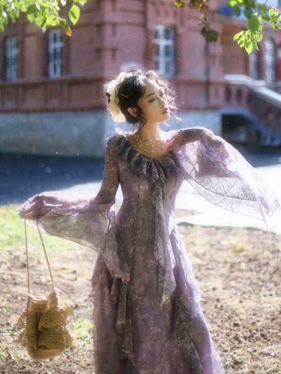 Twilight Garden Sheer Floral Ruffle Dress