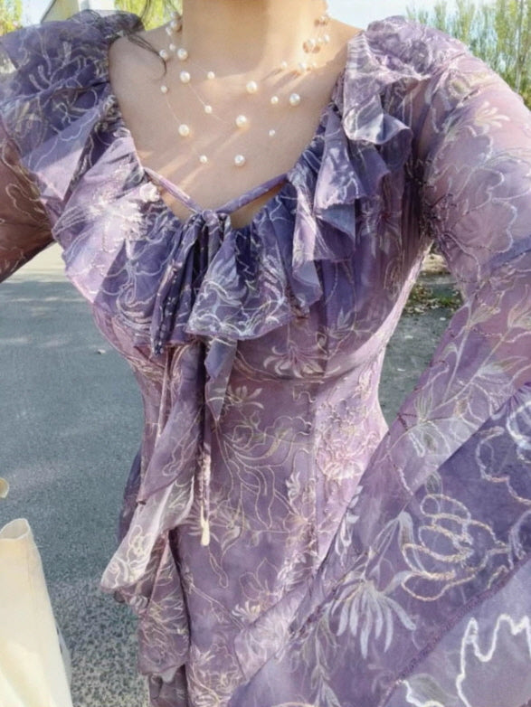 Twilight Garden Sheer Floral Ruffle Dress