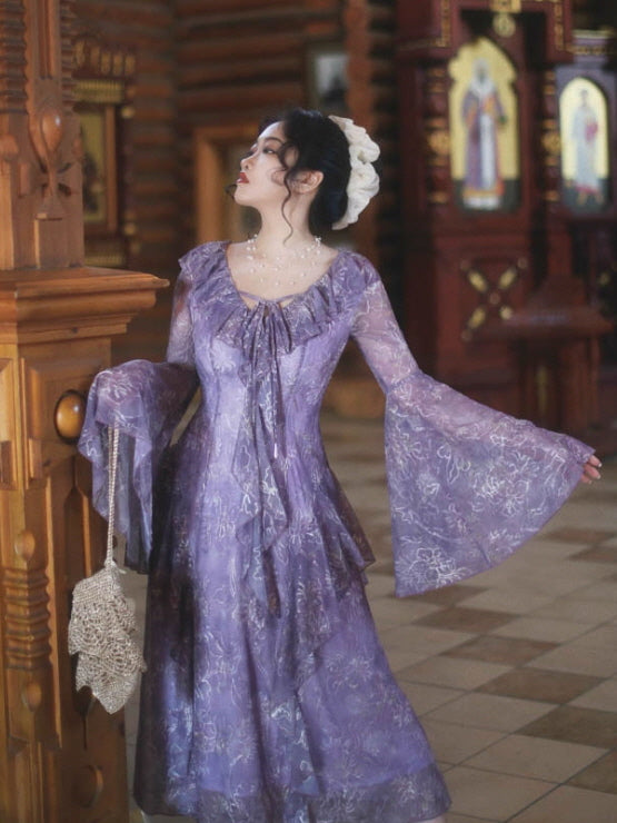 Twilight Garden Sheer Floral Ruffle Dress