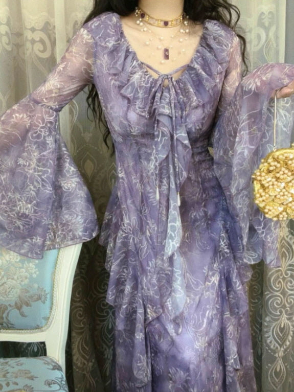 Twilight Garden Sheer Floral Ruffle Dress