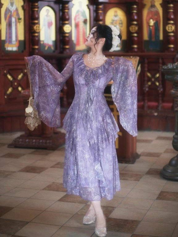 Twilight Garden Sheer Floral Ruffle Dress