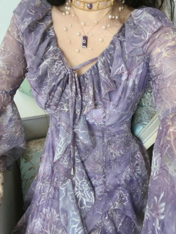Twilight Garden Sheer Floral Ruffle Dress