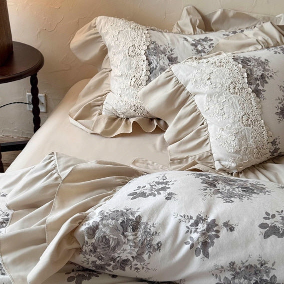 Vintage Grey Rose Lace Bedding Set