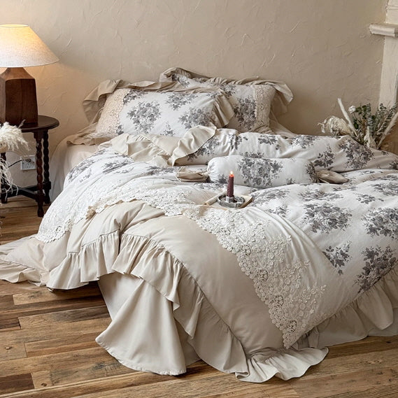 Vintage Grey Rose Lace Bedding Set