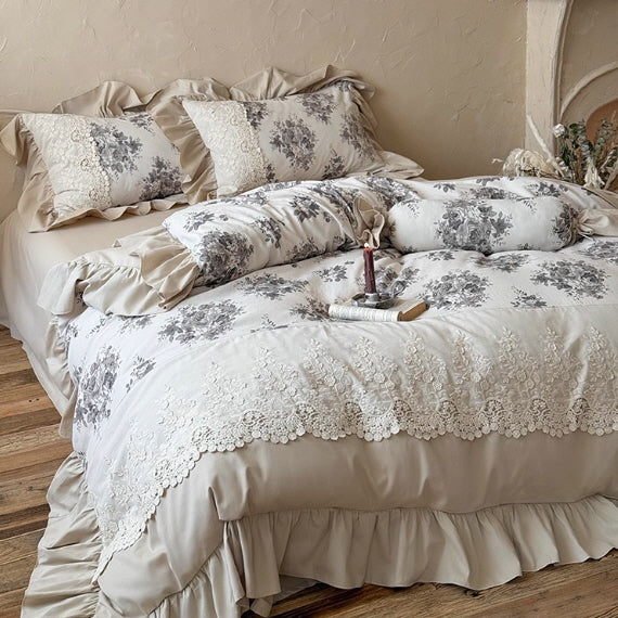 Vintage Grey Rose Lace Bedding Set