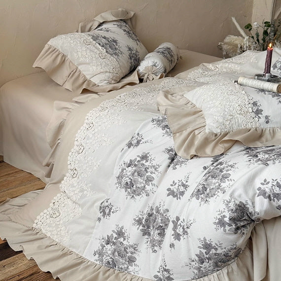 Vintage Grey Rose Lace Bedding Set