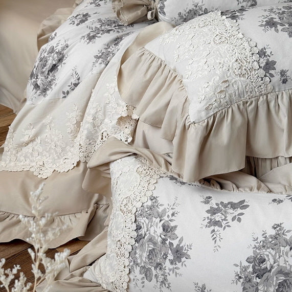 Vintage Grey Rose Lace Bedding Set