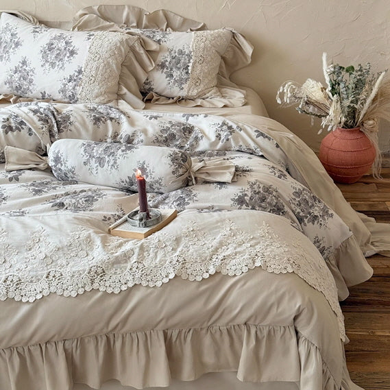 Vintage Grey Rose Lace Bedding Set