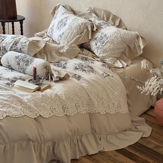 Vintage Grey Rose Lace Bedding Set