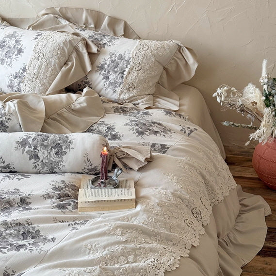 Vintage Grey Rose Lace Bedding Set