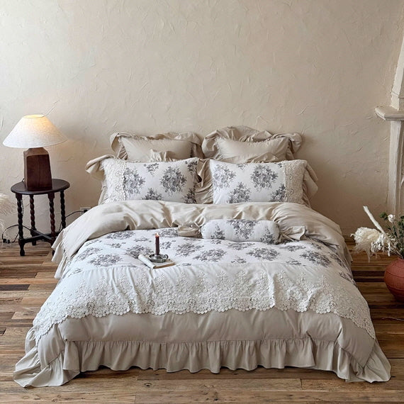 Vintage Grey Rose Lace Bedding Set