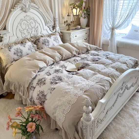 Vintage Grey Rose Lace Bedding Set