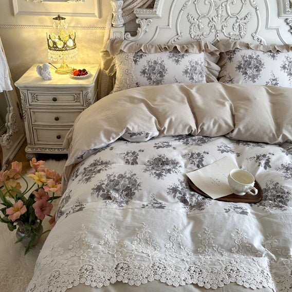 Vintage Grey Rose Lace Bedding Set