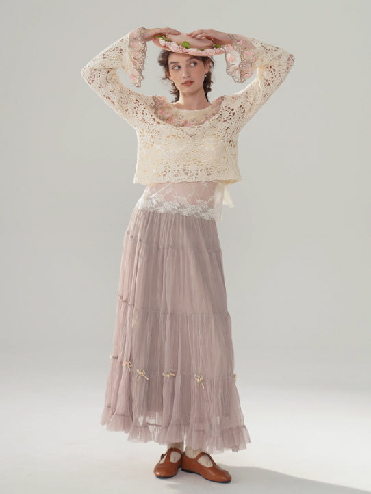 Ribbon Bloom Tulle Long Skirt – Romantic Vintage Aesthetic