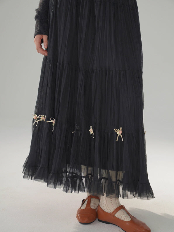 Ribbon Bloom Tulle Long Skirt – Romantic Vintage Aesthetic