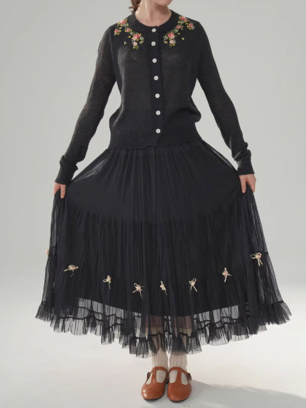 Ribbon Bloom Tulle Long Skirt – Romantic Vintage Aesthetic