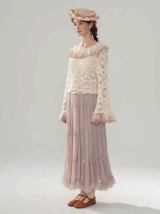 Ribbon Bloom Tulle Long Skirt – Romantic Vintage Aesthetic