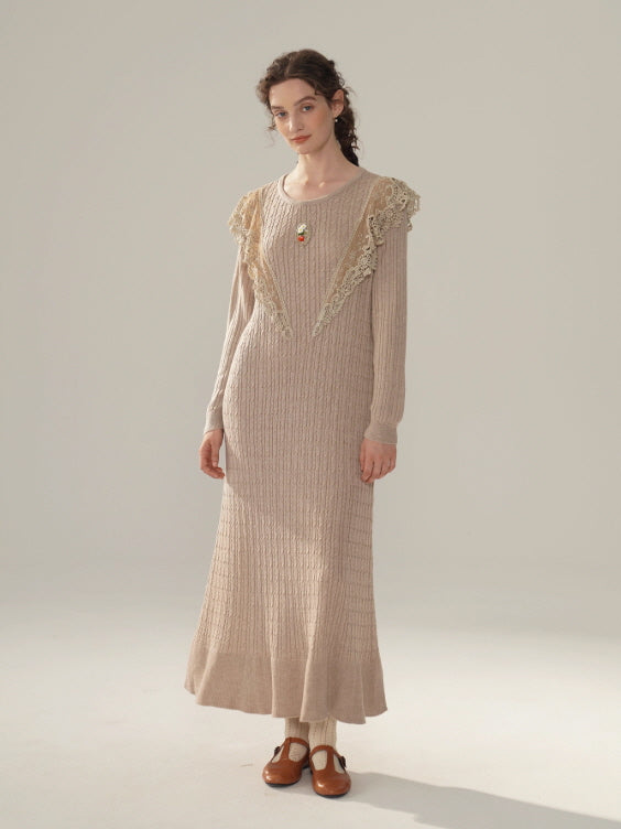 Vintage Lace Collar Knit Long Dress