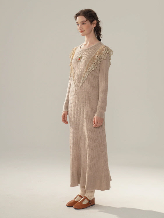 Vintage Lace Collar Knit Long Dress
