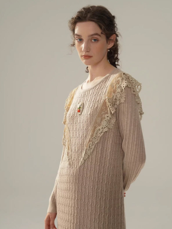Vintage Lace Collar Knit Long Dress