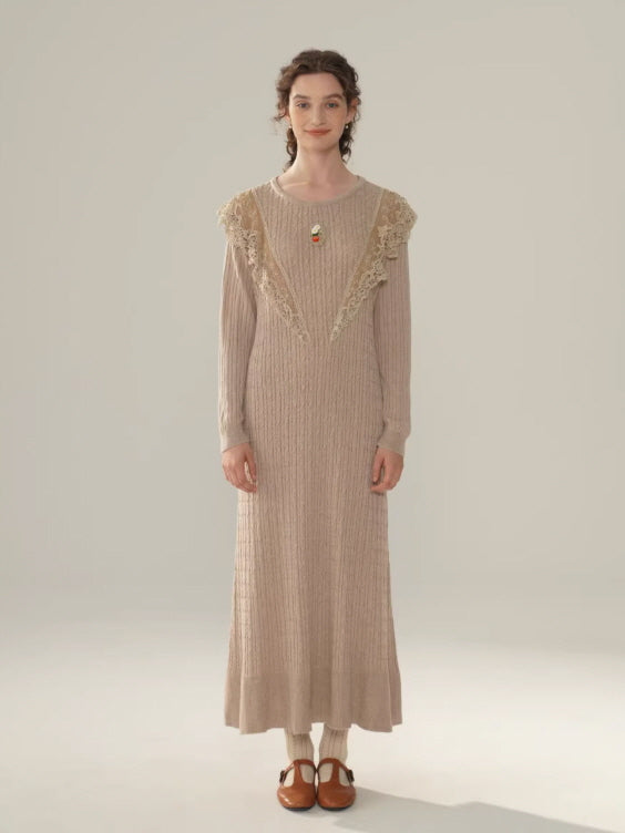 Vintage Lace Collar Knit Long Dress