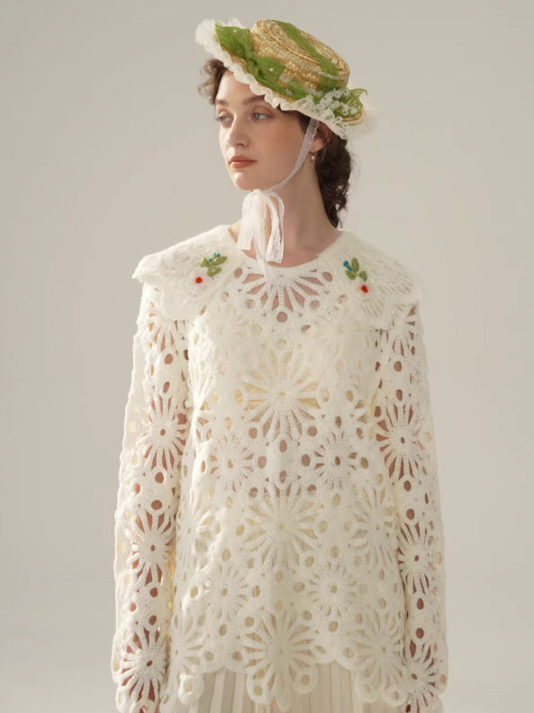Floral Cutwork Lace Embroidered Collar Blouse