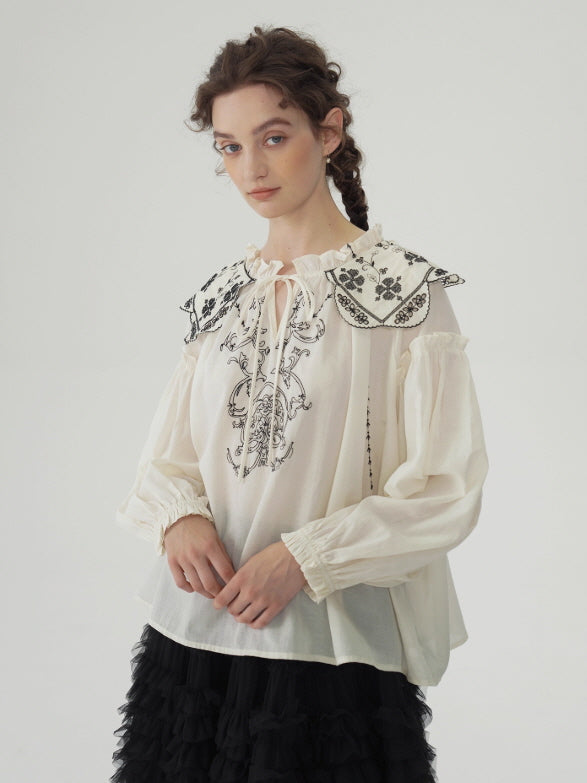 Embroidered Vintage Collar Cotton Blouse
