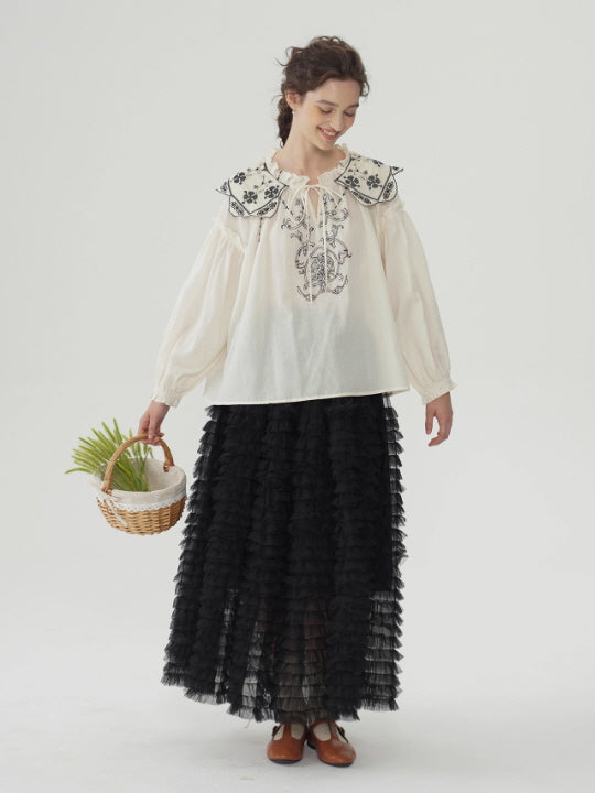 Embroidered Vintage Collar Cotton Blouse