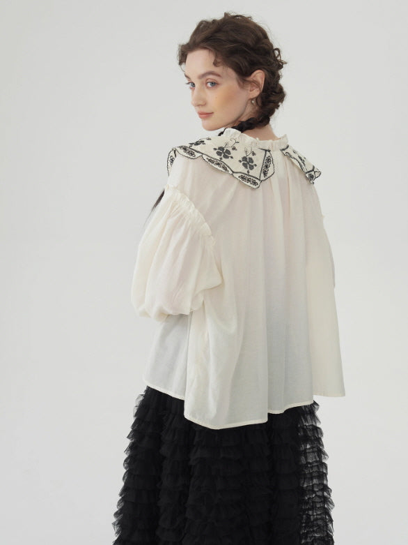 Embroidered Vintage Collar Cotton Blouse