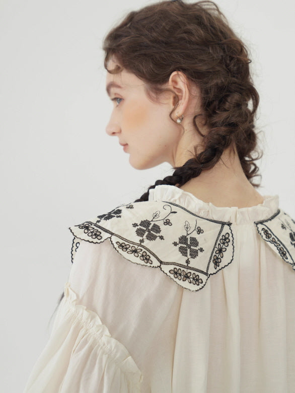 Embroidered Vintage Collar Cotton Blouse