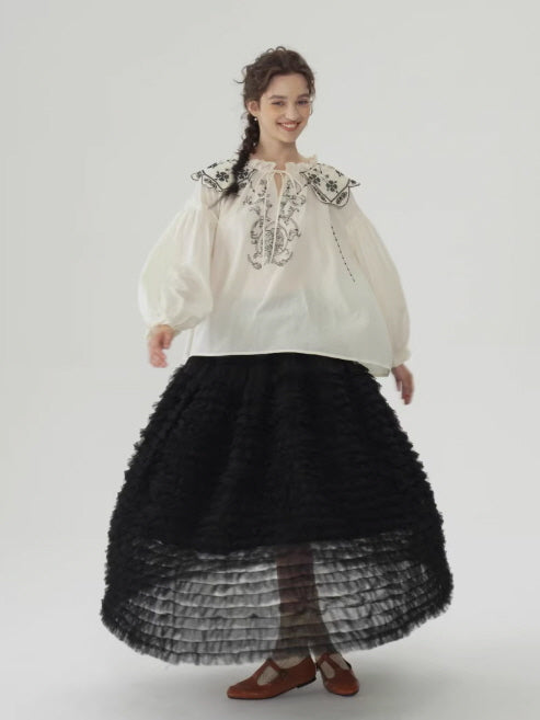 Embroidered Vintage Collar Cotton Blouse