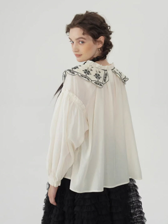 Embroidered Vintage Collar Cotton Blouse