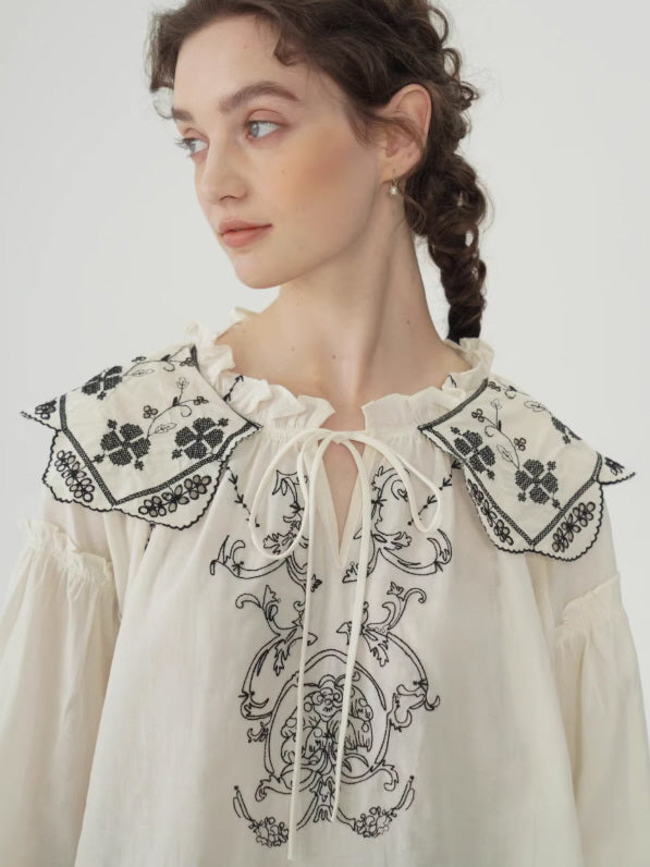 Embroidered Vintage Collar Cotton Blouse