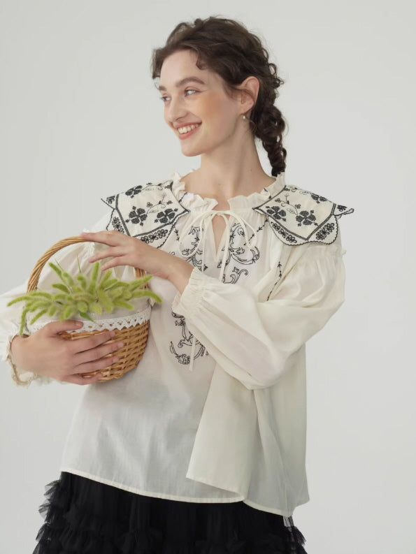 Embroidered Vintage Collar Cotton Blouse