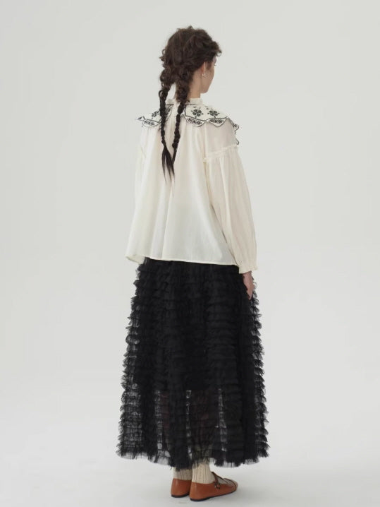 Embroidered Vintage Collar Cotton Blouse