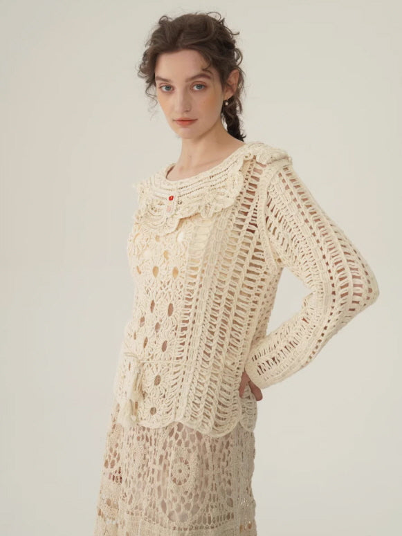 Floral Embroidered Cream Crochet Knit Blouse