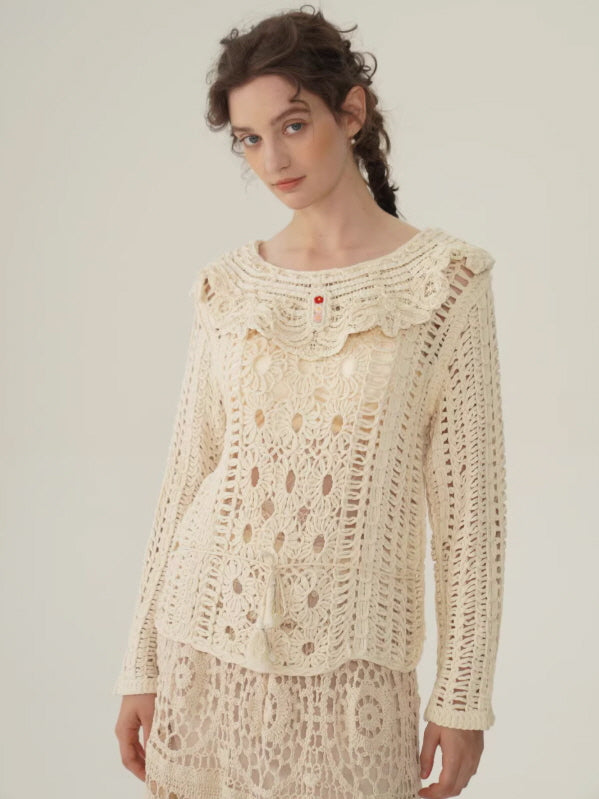 Floral Embroidered Cream Crochet Knit Blouse
