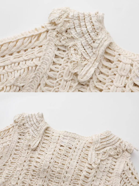 Floral Embroidered Cream Crochet Knit Blouse