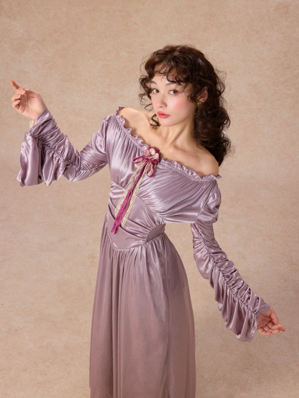 Lilac Enchantment Off-Shoulder Satin Dress