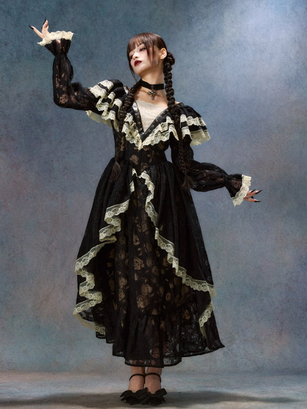 coquette ナポレオンジャケット Gothic グランジ Black Gothic Lace Dress – Vintage Ruffle Detail – Romantic