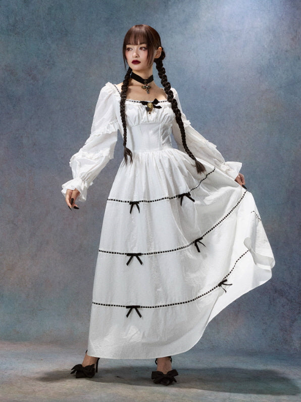 Victorian Ribbon Cameo Dress – Black Bow & Lace Trim | Vintage