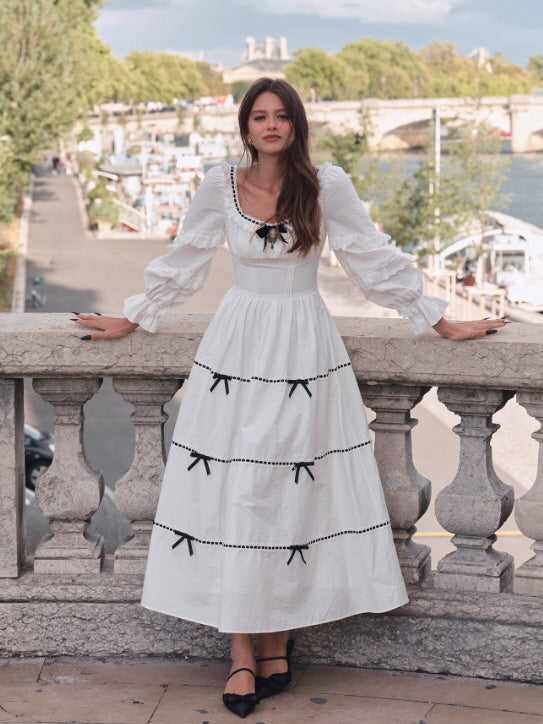 Victorian Ribbon Cameo Dress – Black Bow & Lace Trim | Vintage