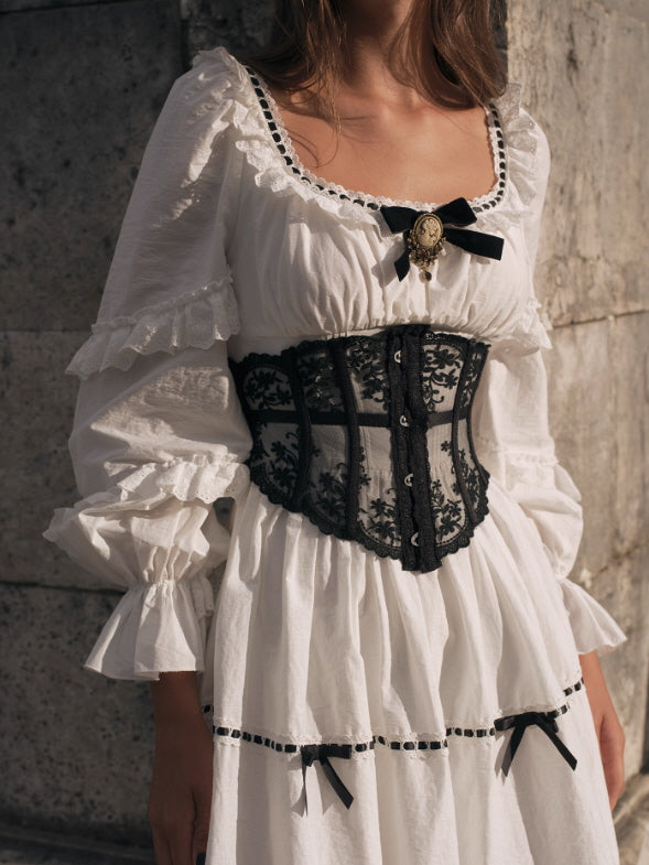 Victorian Ribbon Cameo Dress – Black Bow & Lace Trim | Vintage