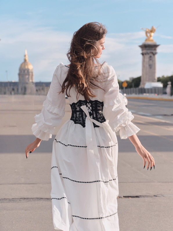 Victorian Ribbon Cameo Dress – Black Bow & Lace Trim | Vintage