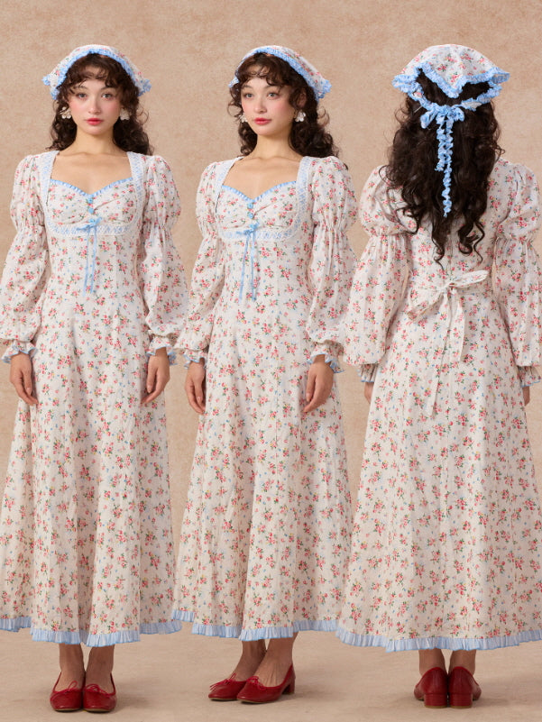 Blue Ribbon Vintage Floral Long Dress – Cottagecore Fairycore